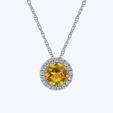 Citrine and Diamond Halo Pendant Necklace