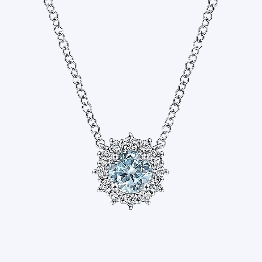 Round Aquamarine & Diamond Halo Pendant Necklace