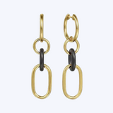 Hollow Tube and Black Oval Ceramic Link Huggie Drop Earrings