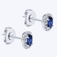 Load image into Gallery viewer, Oval Sapphire &amp; Diamond Halo Stud Earrings
