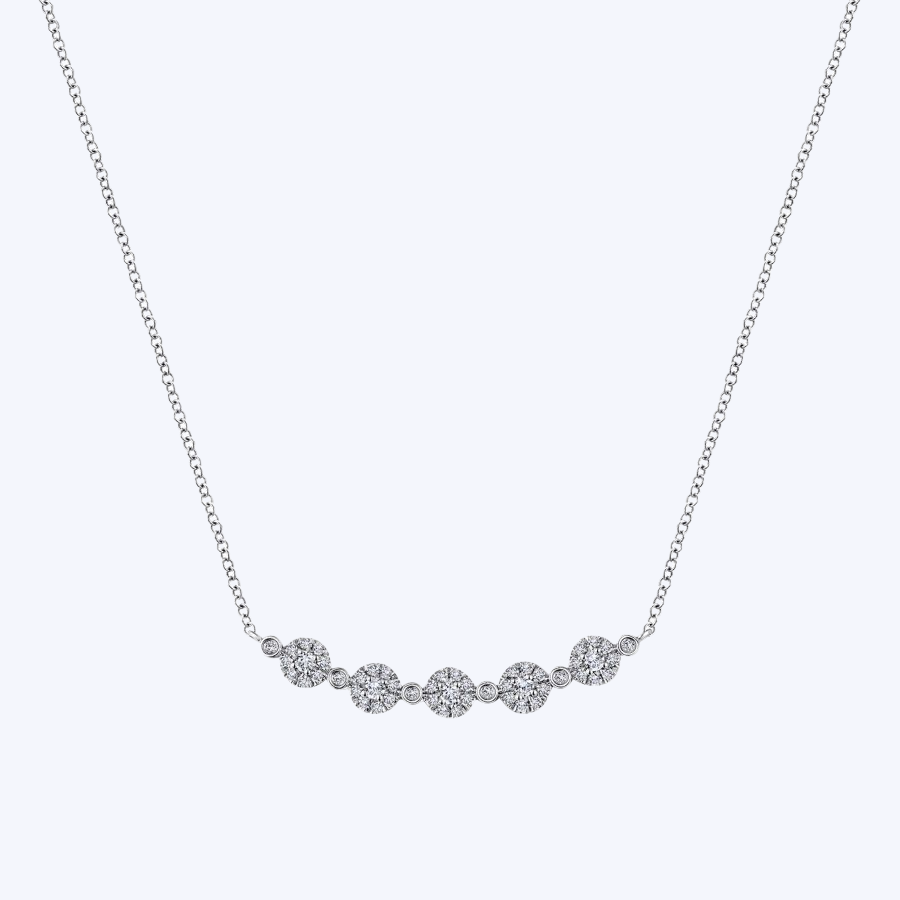 Round Diamond Cluster Station Curved Bar Necklace