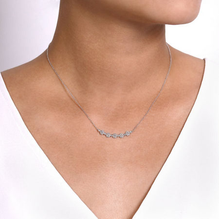 Round Diamond Cluster Station Curved Bar Necklace