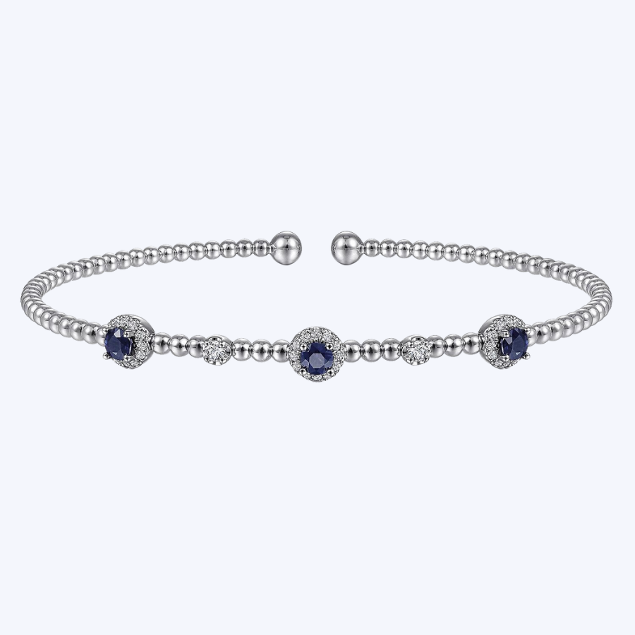Bujukan Bead Cuff Bracelet with Sapphire and Diamond Halo Stations