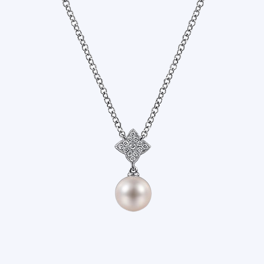 Cultured Pearl & Floral Diamond Pendant Necklace